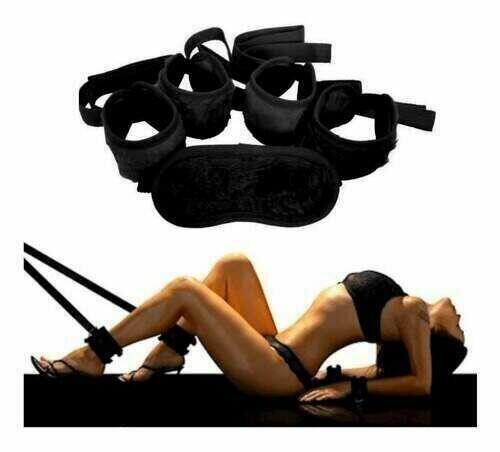 Kit Bondage Amarrar Na Cama Preto - Braceletes, Tornozeleiras e Venda